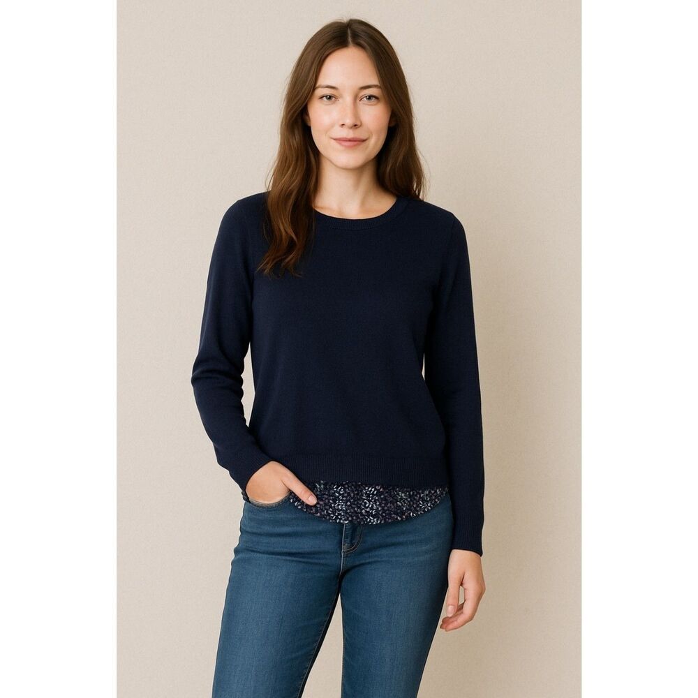 Jamison Silk Cashmere Sweater Navy Blue Knit Mixed Media Sz M Crewneck